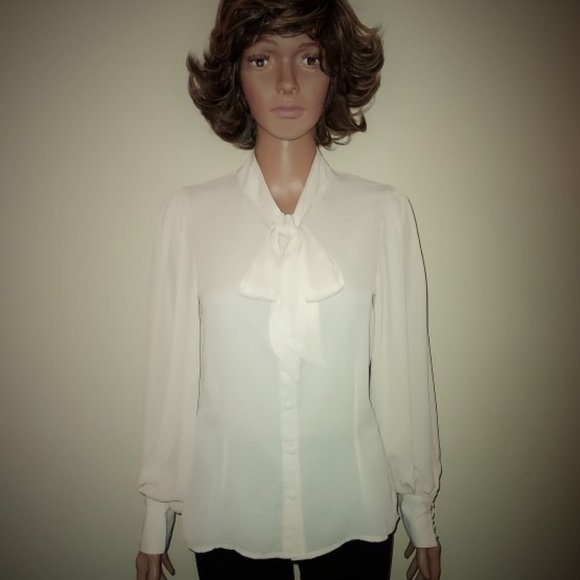 Unique Vintage Ivory Crepe Neck Tie Puff Sleeves Gwen Blouse - S/4 NWT - Picture 1 of 4